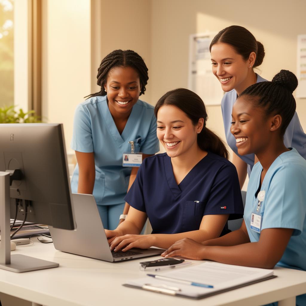 Nurses confidently managing their licenses and career planning on computers